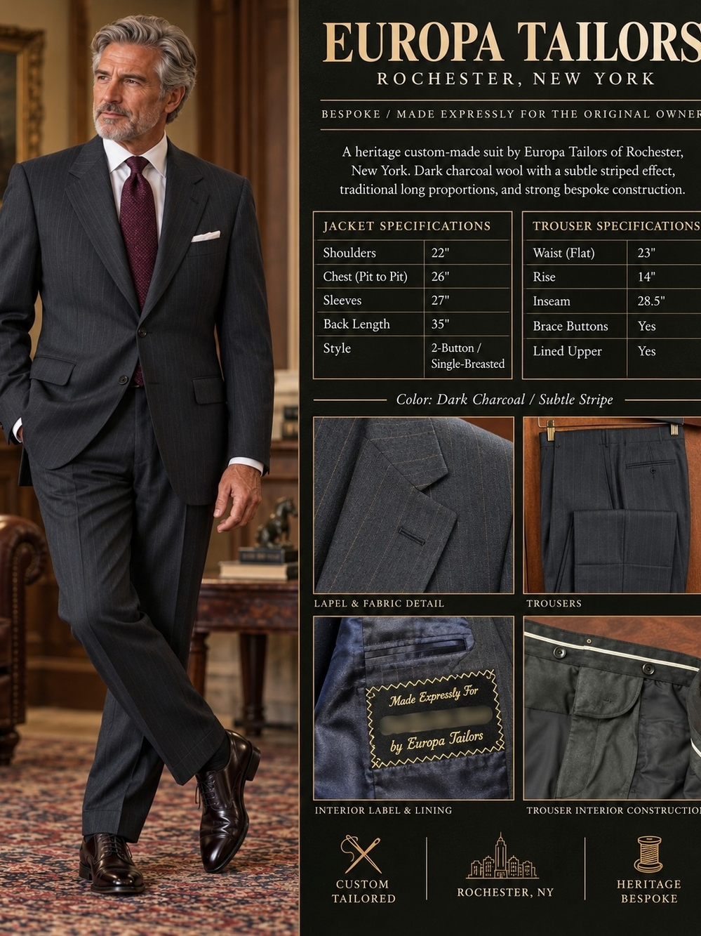 Europa Tailors Bespoke Charcoal Pinstripe Wool Suit 52L/XL Vintage Rochester NY